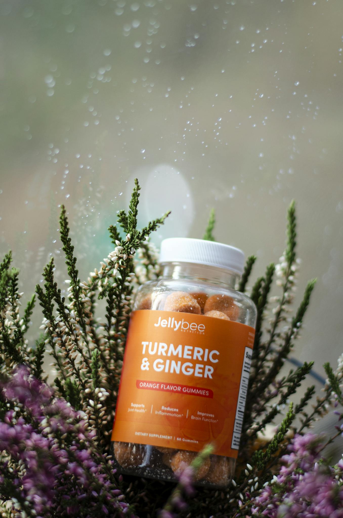 Close-up of turmeric and ginger gummies bottle in a natural setting.
